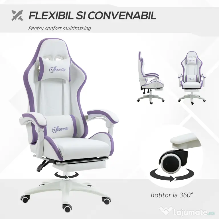 Vinsetto Scaun Gaming Reglabil pe Înălțime cu Tetieră, Alb și Mov | Aosom Romania