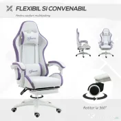 Vinsetto Scaun Gaming Reglabil pe Înălțime cu Tetieră, Alb și Mov | Aosom Romania 