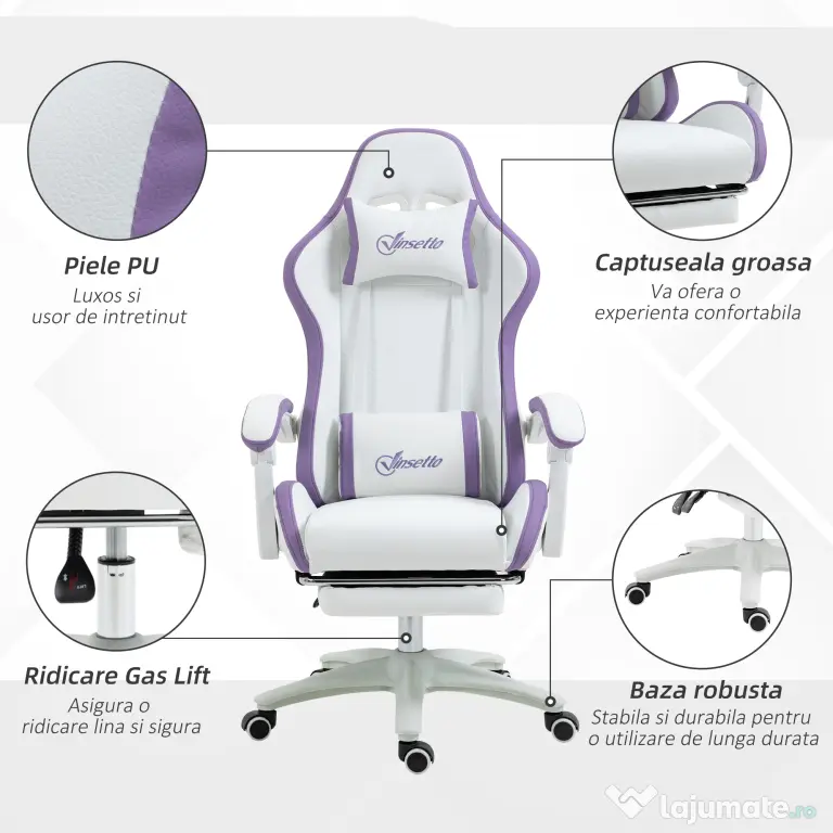 Vinsetto Scaun Gaming Reglabil pe Înălțime cu Tetieră, Alb și Mov | Aosom Romania