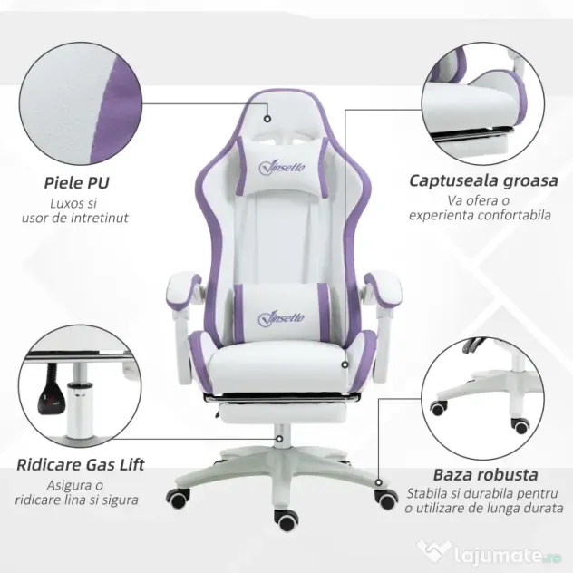 Vinsetto Scaun Gaming Reglabil pe Înălțime cu Tetieră, Alb și Mov | Aosom Romania