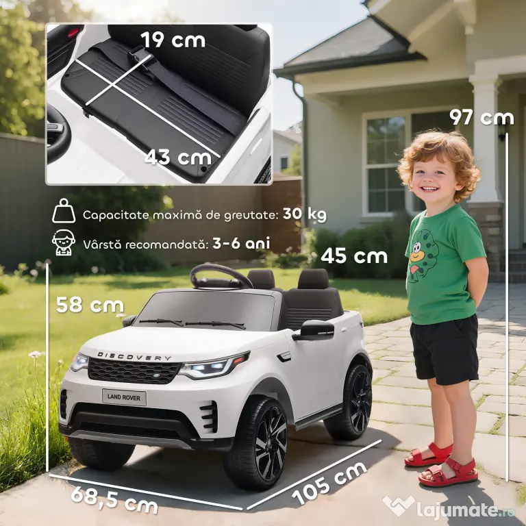 HOMCOM Mașinuță Electrică pentru Copii 3-6 Ani sub Licență Land Rover Discovery 12V, 2.5-4.5 km/h Auto Electrică pentru Copii cu 2 Motoare, Suspensii, Telecomandă, USB, Muzică, Faruri și Claxon, Alb | Aosom Romania