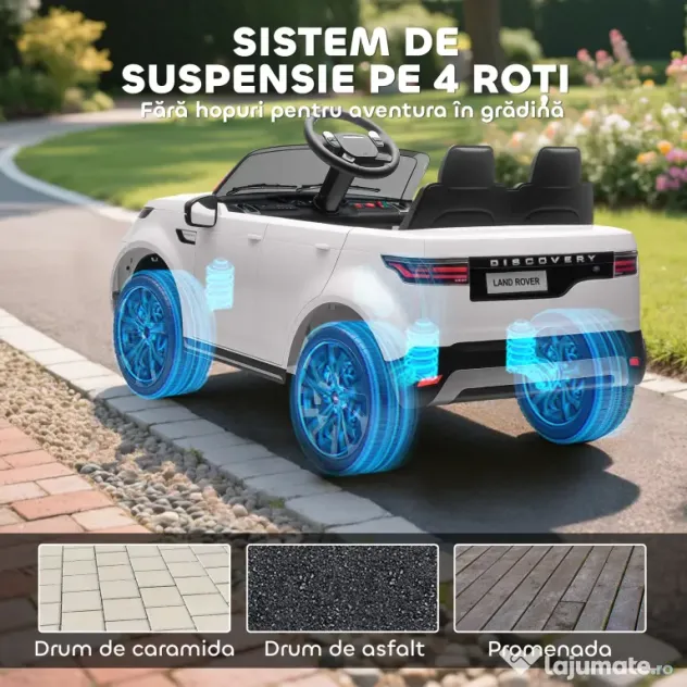 HOMCOM Mașinuță Electrică pentru Copii 3-6 Ani sub Licență Land Rover Discovery 12V, 2.5-4.5 km/h Auto Electrică pentru Copii cu 2 Motoare, Suspensii, Telecomandă, USB, Muzică, Faruri și Claxon, Alb | Aosom Romania