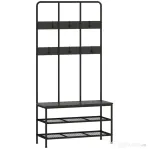 HOMCOM Cuier de Intrare 3 în 1 cu 6 Cârlige și Bancă cu Raft pentru Pantofi, 91x36x180 cm, Negru