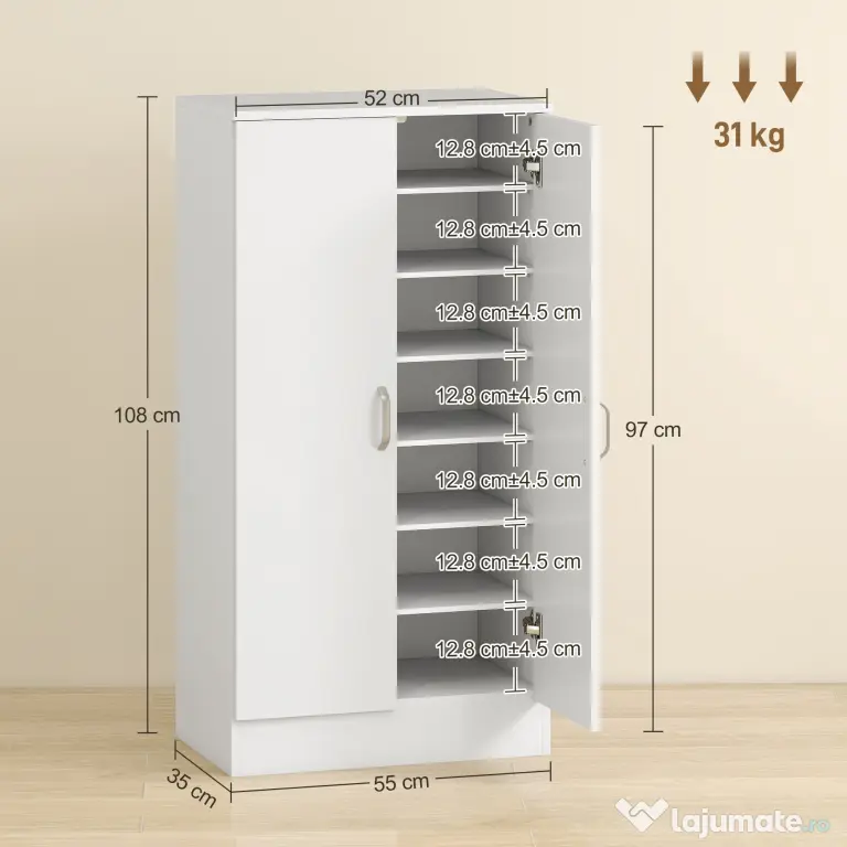 HOMCOM Dulap pentru Pantofi cu 6 Rafturi Ajustabile din Lemn 55x35x108 cm Alb | Aosom Romania