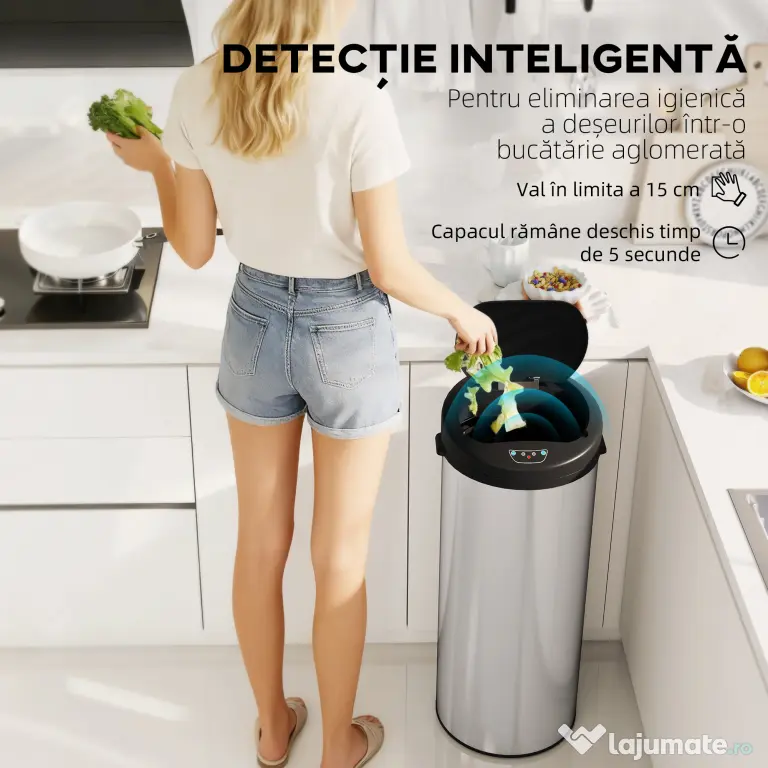 HOMCOM Coș de gunoi de 55L cu senzor pentru deschidere automată și închidere amortizată, 32x30x72.5 cm, Argintiu | Aosom Romania