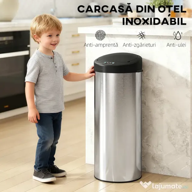 HOMCOM Coș de gunoi de 55L cu senzor pentru deschidere automată și închidere amortizată, 32x30x72.5 cm, Argintiu | Aosom Romania