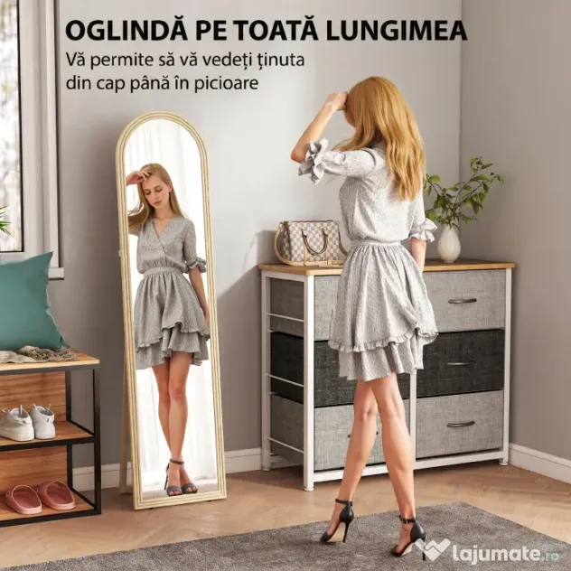 Oglindă HOMCOM de Podea și de Perete cu Suport, efect de Piatră, 40x160cm, Bej. | Aosom Romania