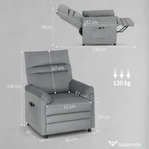 HOMCOM Fotoliu Relaxant Electric de Masaj și Încălzire cu Suport pentru Picioare, Silențios, Reclinabil 150° în Catifea Prietenoasă cu Animalele cu Funcție de Memorare, 2 Telecomenzi pentru Sufragerie, Gri | Aosom Romania