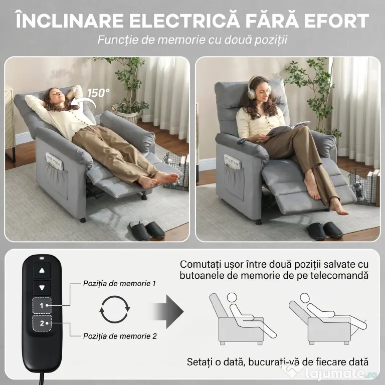 HOMCOM Fotoliu Relaxant Electric de Masaj și Încălzire cu Suport pentru Picioare, Silențios, Reclinabil 150° în Catifea Prietenoasă cu Animalele cu Funcție de Memorare, 2 Telecomenzi pentru Sufragerie, Gri | Aosom Romania