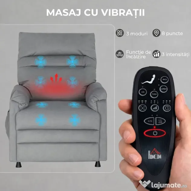 HOMCOM Fotoliu Relaxant Electric de Masaj și Încălzire cu Suport pentru Picioare, Silențios, Reclinabil 150° în Catifea Prietenoasă cu Animalele cu Funcție de Memorare, 2 Telecomenzi pentru Sufragerie, Gri | Aosom Romania