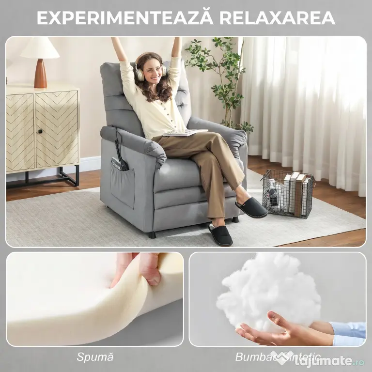 HOMCOM Fotoliu Relaxant Electric de Masaj și Încălzire cu Suport pentru Picioare, Silențios, Reclinabil 150° în Catifea Prietenoasă cu Animalele cu Funcție de Memorare, 2 Telecomenzi pentru Sufragerie, Gri | Aosom Romania