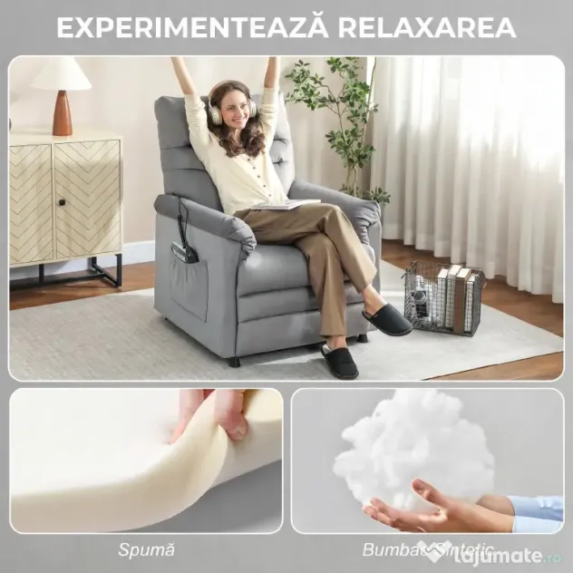 HOMCOM Fotoliu Relaxant Electric de Masaj și Încălzire cu Suport pentru Picioare, Silențios, Reclinabil 150° în Catifea Prietenoasă cu Animalele cu Funcție de Memorare, 2 Telecomenzi pentru Sufragerie, Gri | Aosom Romania