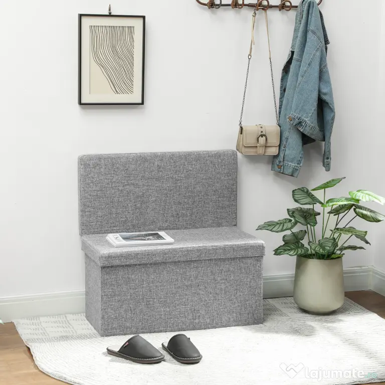 HOMCOM Bancă Pliabilă cu Spătar și Compartiment de 77L, Acoperire din Țesătură, 76x50x73 cm, Gri | Aosom Romania