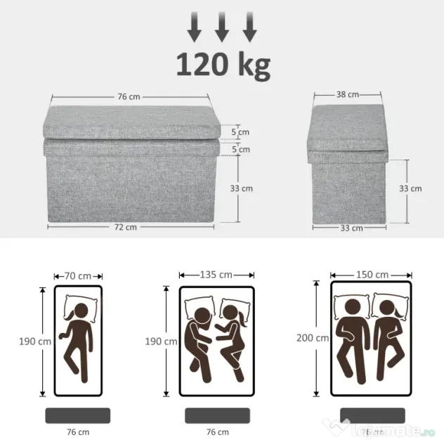 HOMCOM Bancă Pliabilă cu Spătar și Compartiment de 77L, Acoperire din Țesătură, 76x50x73 cm, Gri | Aosom Romania