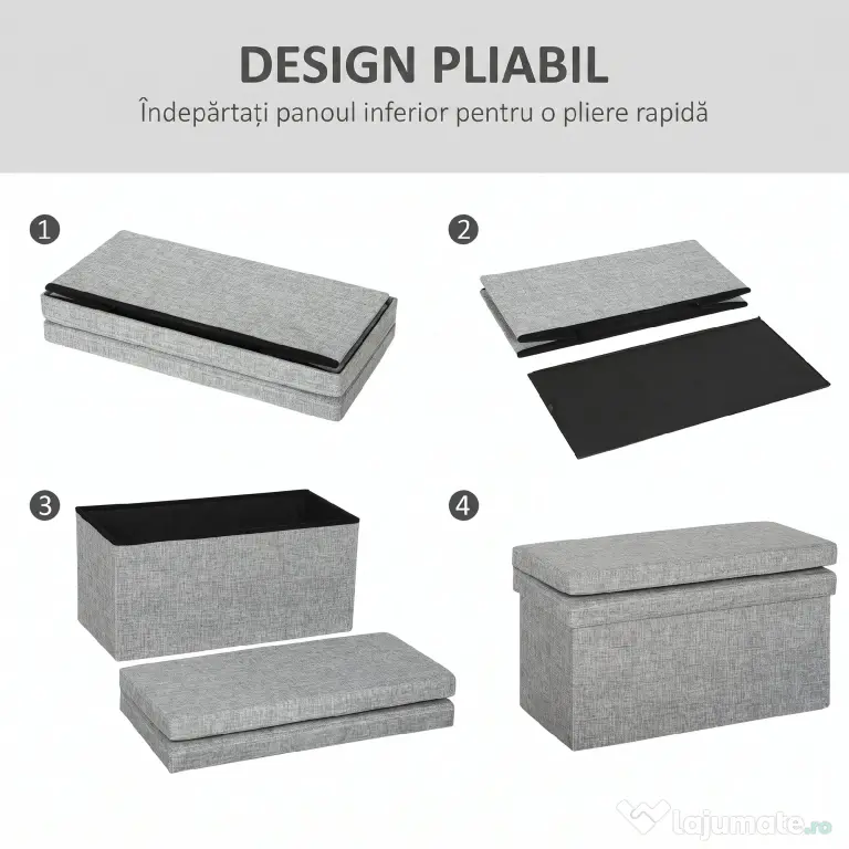 HOMCOM Bancă Pliabilă cu Spătar și Compartiment de 77L, Acoperire din Țesătură, 76x50x73 cm, Gri | Aosom Romania