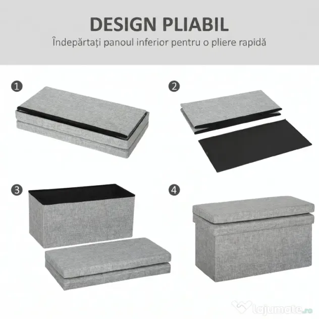 HOMCOM Bancă Pliabilă cu Spătar și Compartiment de 77L, Acoperire din Țesătură, 76x50x73 cm, Gri | Aosom Romania
