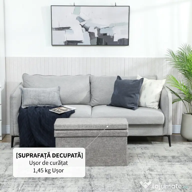 HOMCOM Bancă Pliabilă cu Spătar și Compartiment de 77L, Acoperire din Țesătură, 76x50x73 cm, Gri | Aosom Romania