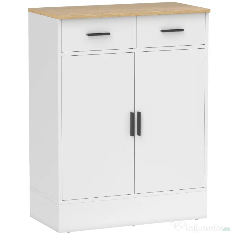 HOMCOM Bufet Modern 2 Sertare și Dulap cu 2 Uși, Raft Interior Reglabil, Alb și Lemn | Aosom Romania