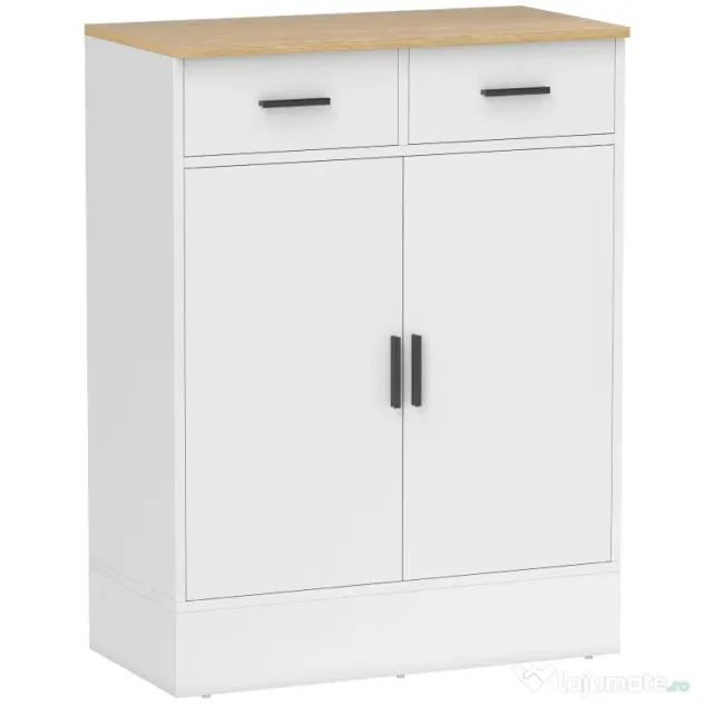 HOMCOM Bufet Modern 2 Sertare și Dulap cu 2 Uși, Raft Interior Reglabil, Alb și Lemn | Aosom Romania