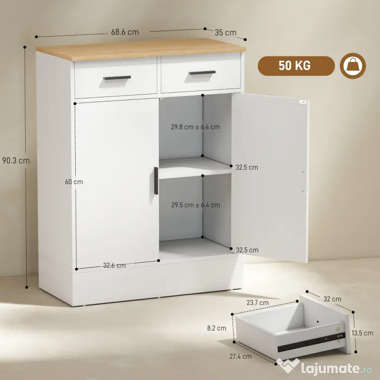 HOMCOM Bufet Modern 2 Sertare și Dulap cu 2 Uși, Raft Interior Reglabil, Alb și Lemn | Aosom Romania