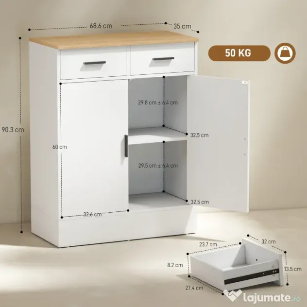 HOMCOM Bufet Modern 2 Sertare și Dulap cu 2 Uși, Raft Interior Reglabil, Alb și Lemn | Aosom Romania