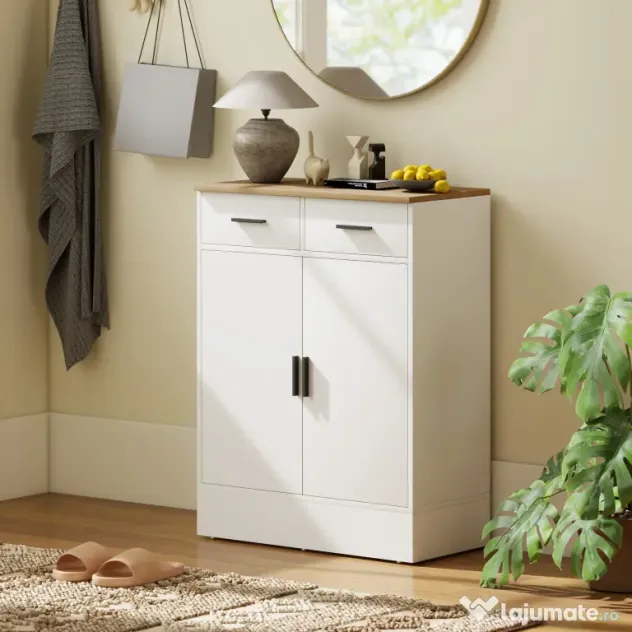 HOMCOM Bufet Modern 2 Sertare și Dulap cu 2 Uși, Raft Interior Reglabil, Alb și Lemn | Aosom Romania