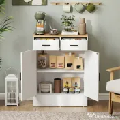 HOMCOM Bufet Modern 2 Sertare și Dulap cu 2 Uși, Raft Interior Reglabil, Alb și Lemn