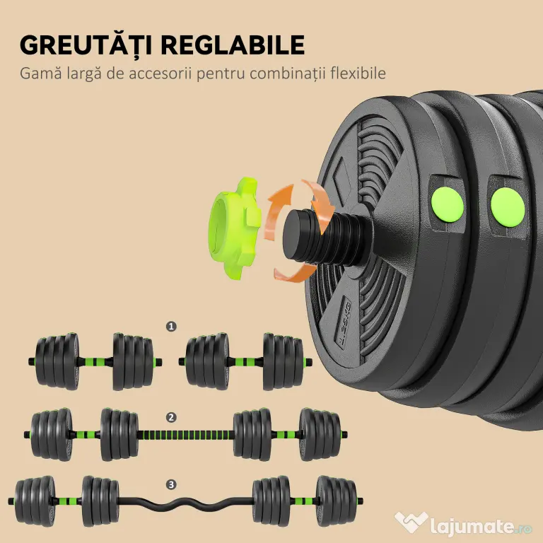 SPORTNOW Set Bară cu Greutăți 3 în 1 cu 16 Discuri din Plastic și Nisip Verde | Aosom Romania