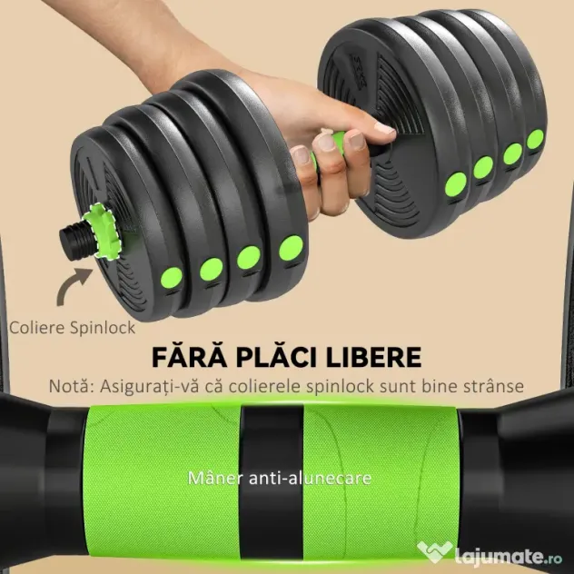 SPORTNOW Set Bară cu Greutăți 3 în 1 cu 16 Discuri din Plastic și Nisip Verde | Aosom Romania