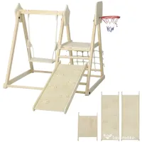 AIYAPLAY Set de Cățărare 5 în 1 cu Tobogan, 2 Pereți de Cățărare, Leagăn și Coș de Baschet, din Lemn, 140x172.5x116.5 cm | Aosom Romania