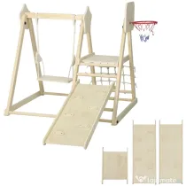 AIYAPLAY Set de Cățărare 5 în 1 cu Tobogan, 2 Pereți de Cățărare, Leagăn și Coș de Baschet, din Lemn, 140x172.5x116.5 cm
