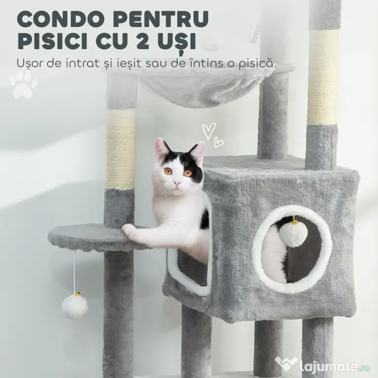 PawHut Arborele pentru Pisici cu Căsuțe, Rampe, Stinghie și 4 Mingi, Gri | Aosom Romania