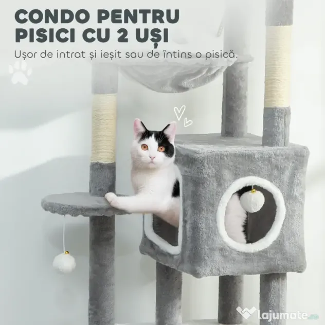 PawHut Arborele pentru Pisici cu Căsuțe, Rampe, Stinghie și 4 Mingi, Gri | Aosom Romania