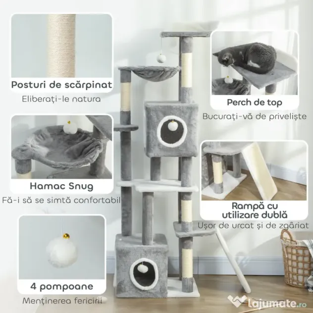 PawHut Arborele pentru Pisici cu Căsuțe, Rampe, Stinghie și 4 Mingi, Gri | Aosom Romania