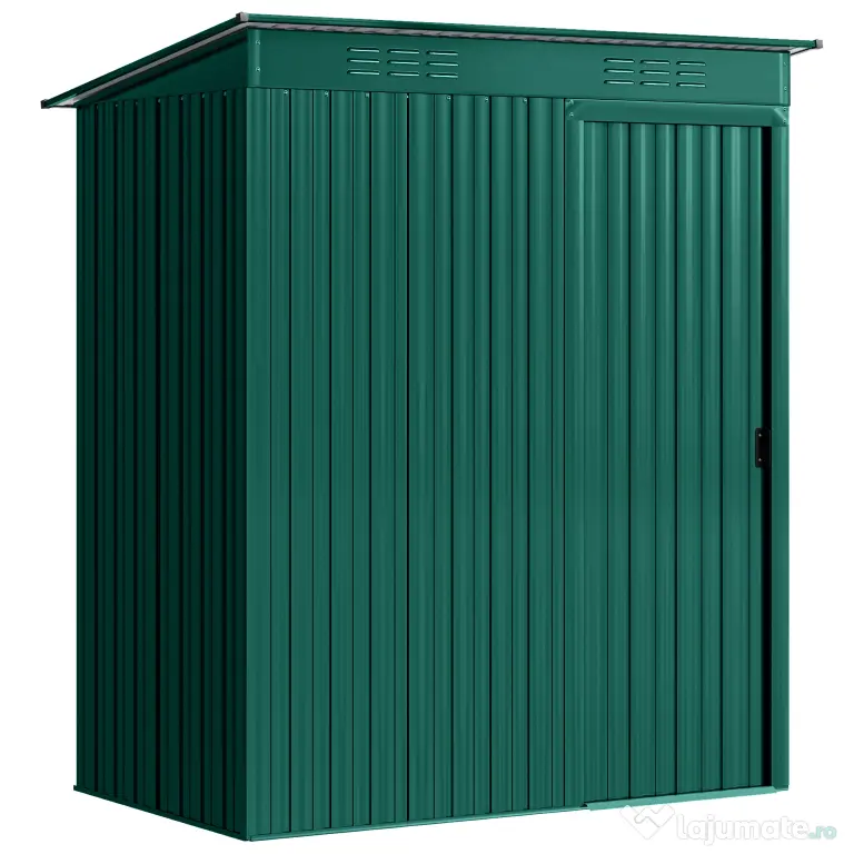 Outsunny Căsuță de Grădină 1.37m² din Metal, Montare Ușoară, Spațiu de Depozitare Unelte Grădină cu Ventilație, Ușă Culisantă, Acoperiș Înclinat și Mănuși, 159x106x181 cm, Verde | Aosom Romania