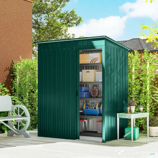 Outsunny Căsuță de Grădină 1.37m² din Metal, Montare Ușoară, Spațiu de Depozitare Unelte Grădină cu Ventilație, Ușă Culisantă, Acoperiș Înclinat și Mănuși, 159x106x181 cm, Verde | Aosom Romania