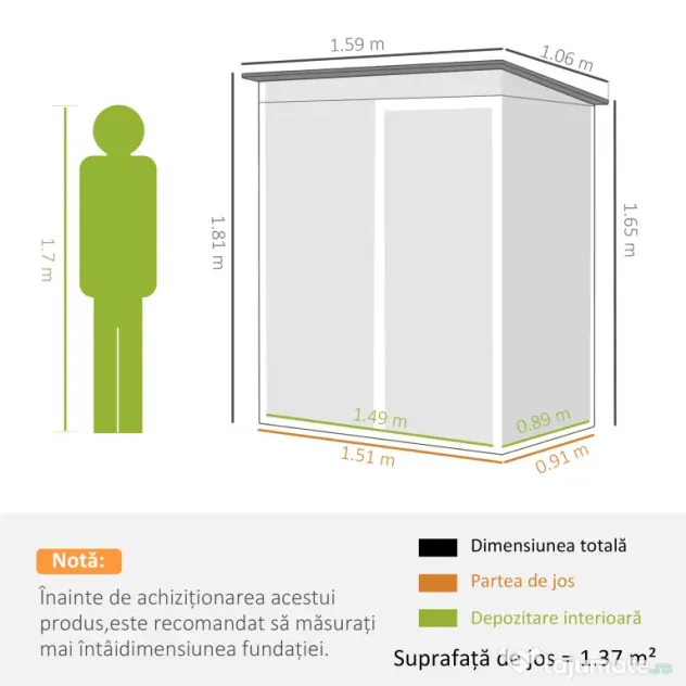 Outsunny Căsuță de Grădină 1.37m² din Metal, Montare Ușoară, Spațiu de Depozitare Unelte Grădină cu Ventilație, Ușă Culisantă, Acoperiș Înclinat și Mănuși, 159x106x181 cm, Verde | Aosom Romania