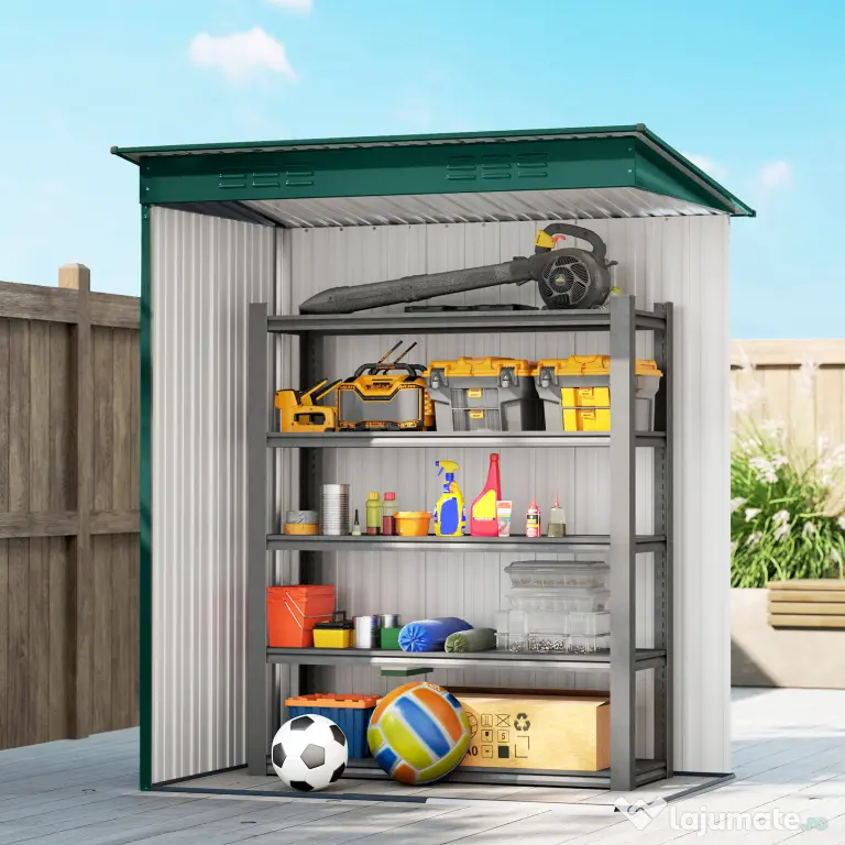 Outsunny Căsuță de Grădină 1.37m² din Metal, Montare Ușoară, Spațiu de Depozitare Unelte Grădină cu Ventilație, Ușă Culisantă, Acoperiș Înclinat și Mănuși, 159x106x181 cm, Verde | Aosom Romania
