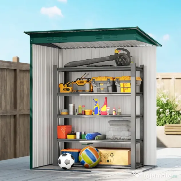 Outsunny Căsuță de Grădină 1.37m² din Metal, Montare Ușoară, Spațiu de Depozitare Unelte Grădină cu Ventilație, Ușă Culisantă, Acoperiș Înclinat și Mănuși, 159x106x181 cm, Verde | Aosom Romania