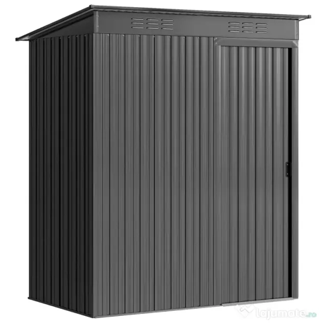 Outsunny Căsuță de Grădină 1.37m² din Metal, Montare Ușoară, Depozit pentru Unelte de Grădină cu Fante de Aer, Ușă Culisantă, Acoperiș Înclinat și Mănuși, 159x106x181 cm, Gri Închis | Aosom Romania