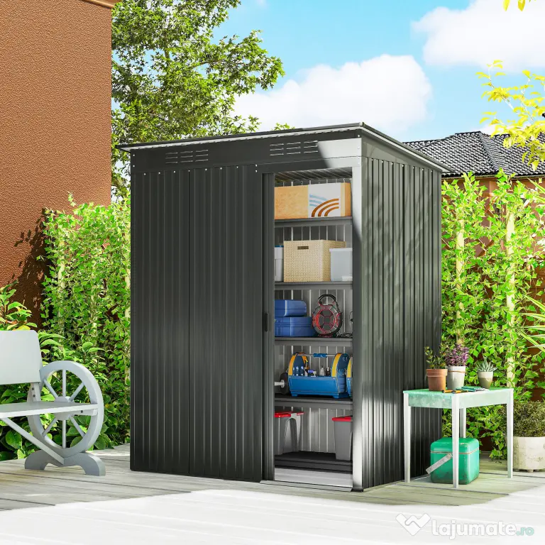 Outsunny Căsuță de Grădină 1.37m² din Metal, Montare Ușoară, Depozit pentru Unelte de Grădină cu Fante de Aer, Ușă Culisantă, Acoperiș Înclinat și Mănuși, 159x106x181 cm, Gri Închis | Aosom Romania