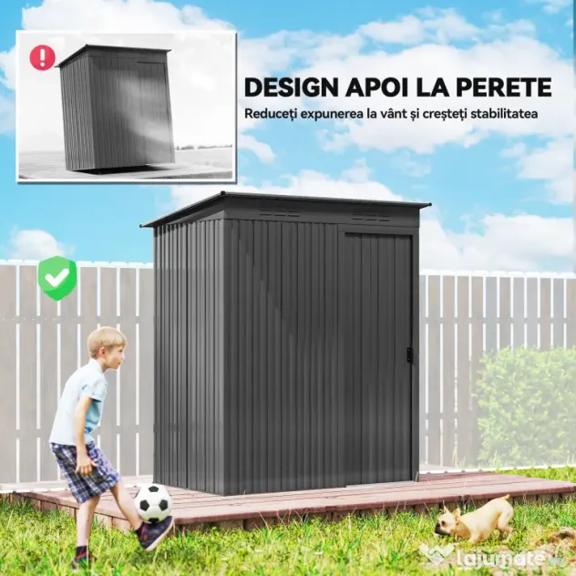Outsunny Căsuță de Grădină 1.37m² din Metal, Montare Ușoară, Depozit pentru Unelte de Grădină cu Fante de Aer, Ușă Culisantă, Acoperiș Înclinat și Mănuși, 159x106x181 cm, Gri Închis | Aosom Romania