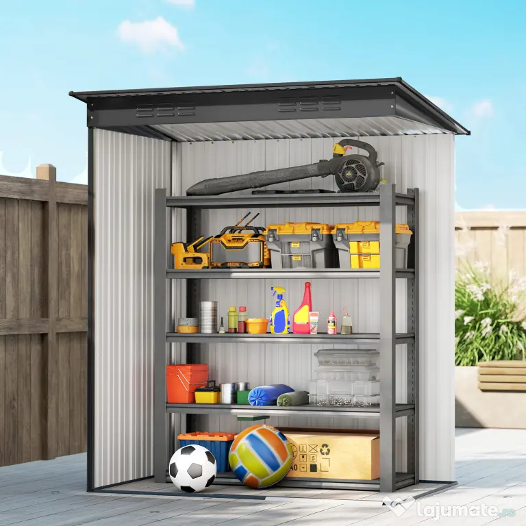 Outsunny Căsuță de Grădină 1.37m² din Metal, Montare Ușoară, Depozit pentru Unelte de Grădină cu Fante de Aer, Ușă Culisantă, Acoperiș Înclinat și Mănuși, 159x106x181 cm, Gri Închis | Aosom Romania