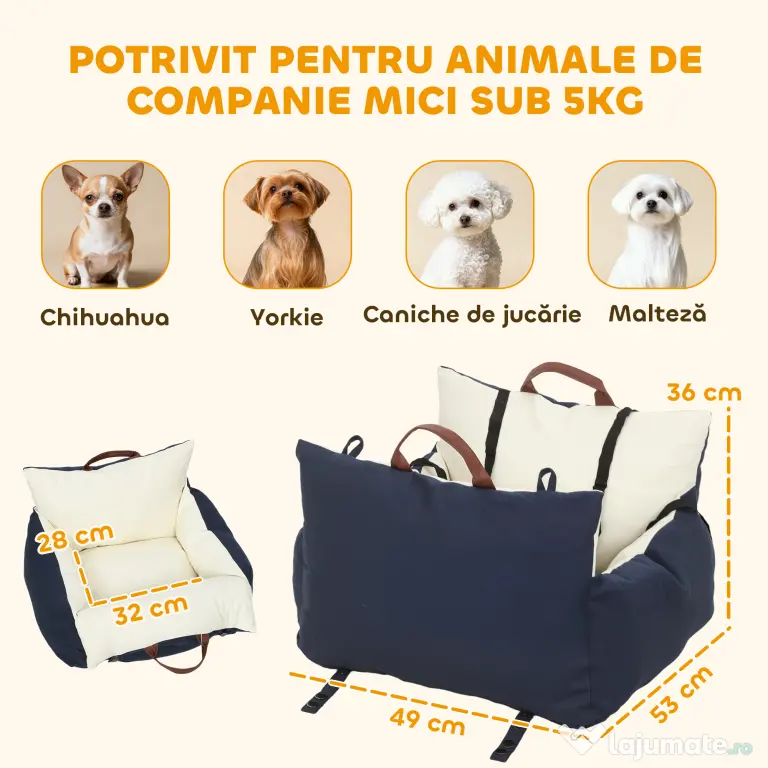 Scaun Auto PawHut pentru Câini Mici cu Lesă de Siguranță, Detașabil și Lavabil, Albastru | Aosom Romania