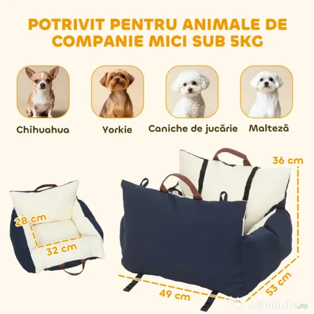 Scaun Auto PawHut pentru Câini Mici cu Lesă de Siguranță, Detașabil și Lavabil, Albastru | Aosom Romania