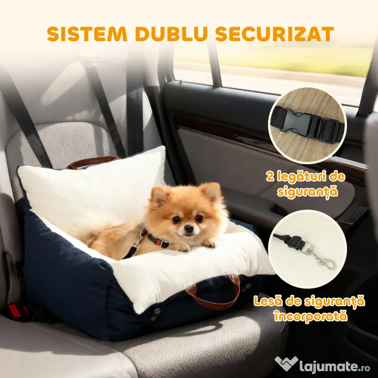 Scaun Auto PawHut pentru Câini Mici cu Lesă de Siguranță, Detașabil și Lavabil, Albastru | Aosom Romania