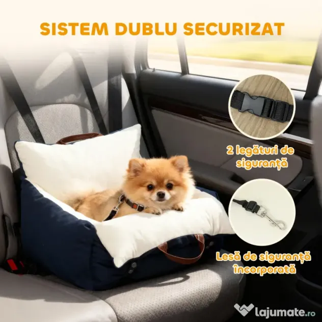 Scaun Auto PawHut pentru Câini Mici cu Lesă de Siguranță, Detașabil și Lavabil, Albastru | Aosom Romania