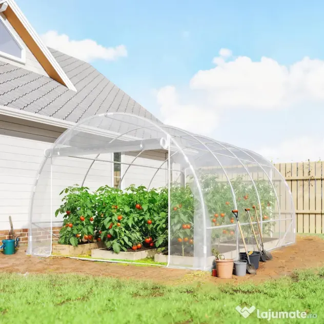 Outsunny Seră de Grădină Tip Tunel 3x4x2 m cu 2 Uși Rulabile, Seră pentru Grădină cu 4 Suporturi Diagonale, Cadru din Oțel și Acoperiș din PE, pentru Legume, Flori, Fructe, Anti-UV, Transparentă | Aosom Romania