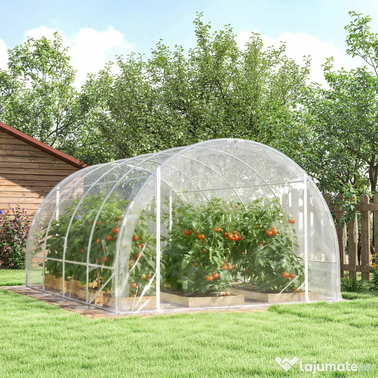 Outsunny Seră de Grădină Tip Tunel 3x4x2 m cu 2 Uși Rulabile, Seră pentru Grădină cu 4 Suporturi Diagonale, Cadru din Oțel și Acoperiș din PE, pentru Legume, Flori, Fructe, Anti-UV, Transparentă | Aosom Romania
