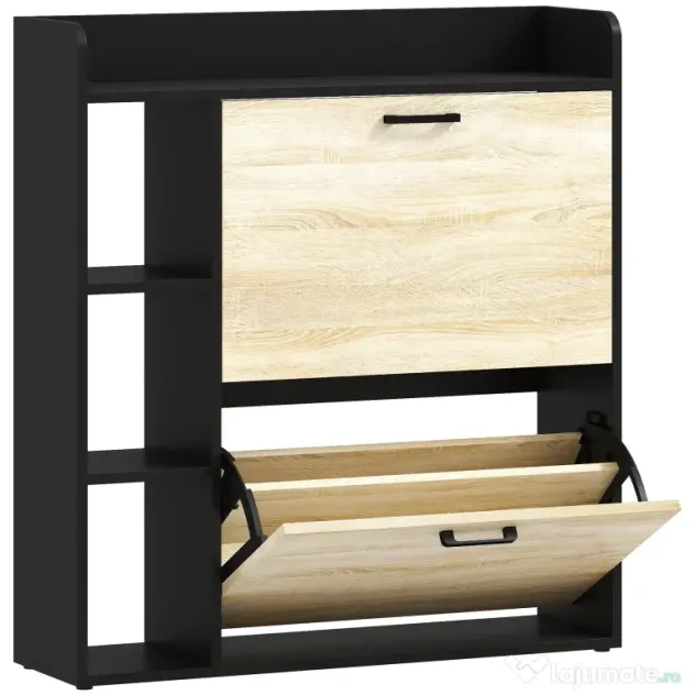 HOMCOM Dulap pentru pantofi slim cu 2 sertare și 3 compartimente deschise, Capacitate 15 perechi, 83x24x90.5 cm, Negru | Aosom Romania